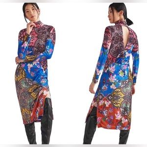 Anthropologie Velvet High Neck Floral Stretch Midi Dress Size Large